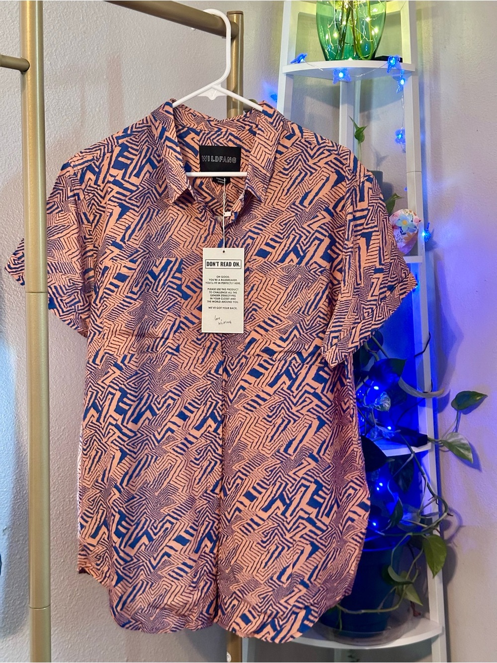 Wildfang Women’s Short-Sleeve Geo Print Shirt — Pink & Blue—100% RAYON